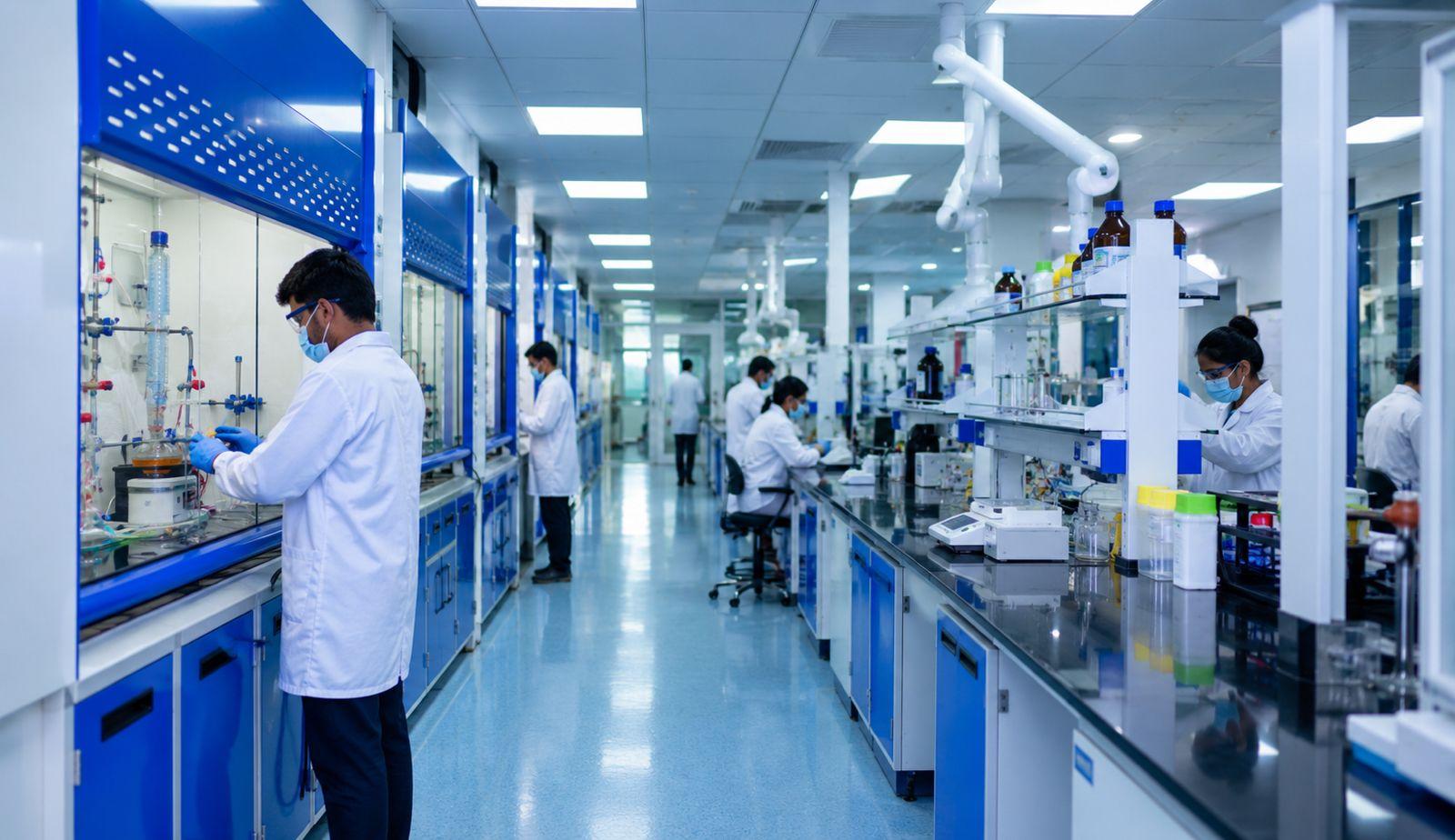 Chemists working along the fume-hood bank in the Symbio R&D centre