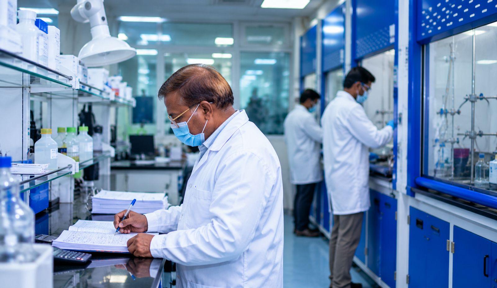 A chemist recording results in the laboratory logbook