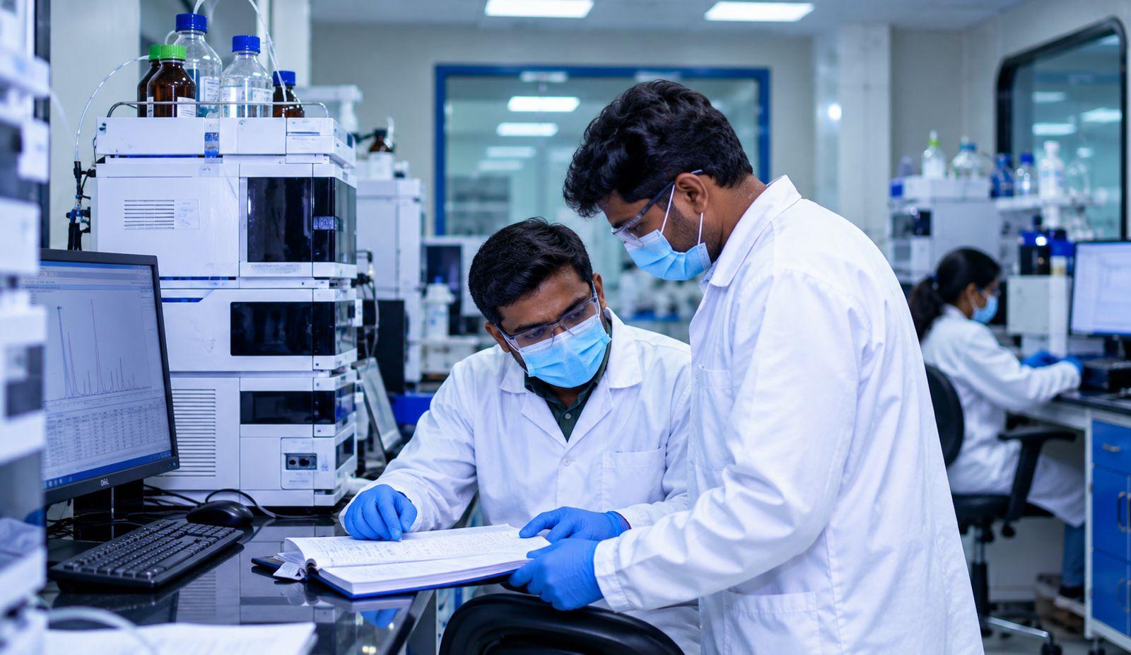 Two chemists reviewing analytical data together at a workstation