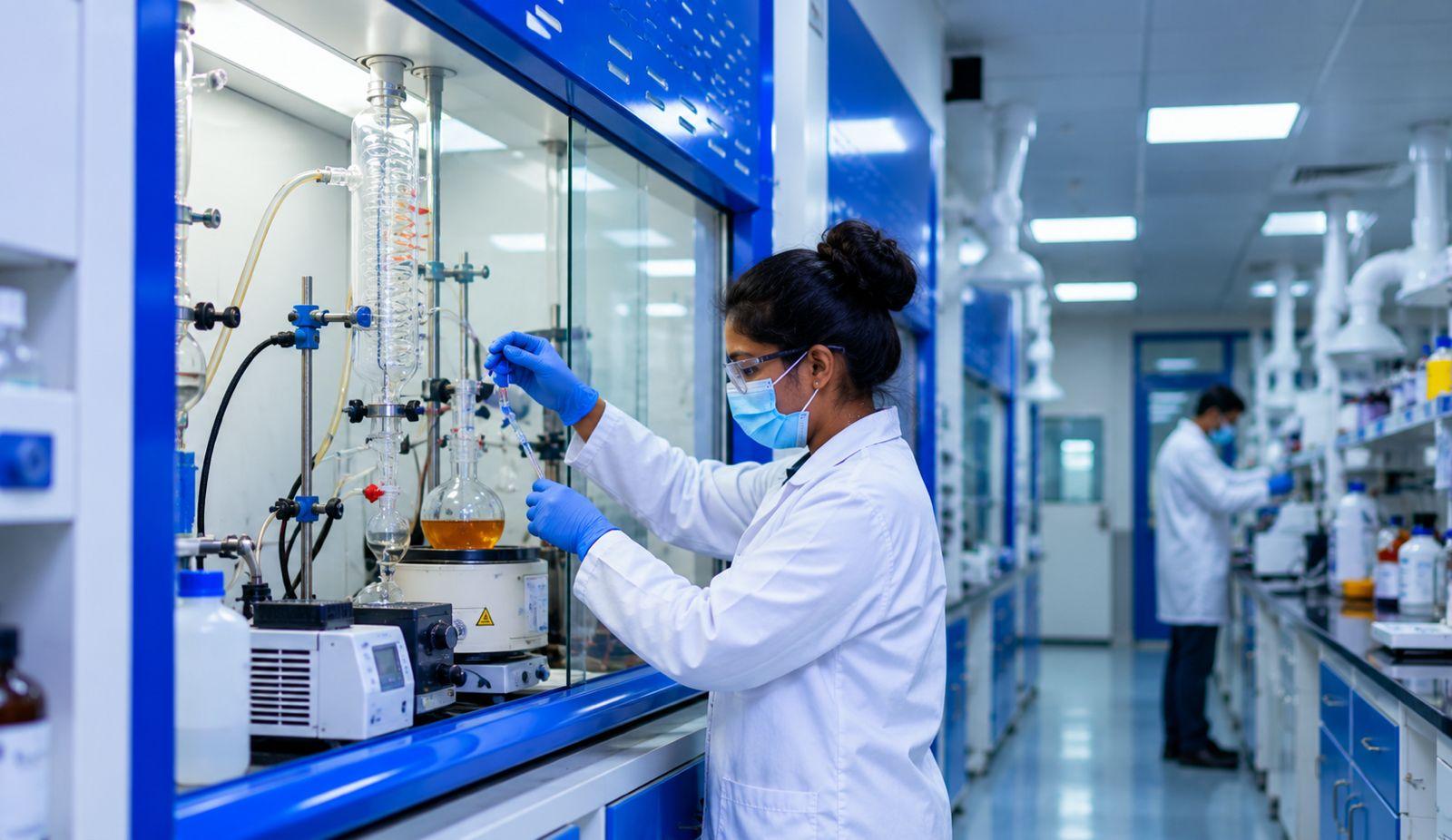 A chemist setting up a reaction in a fume hood