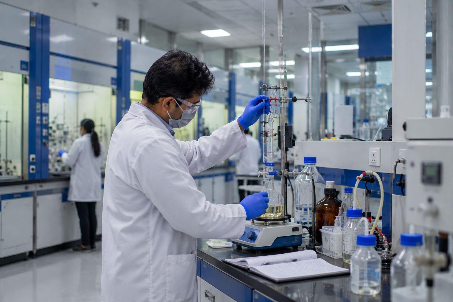 A chemist working with glassware at a fume hood in the R&D centre