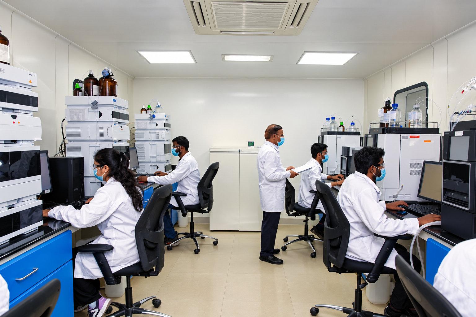 Analysts at HPLC workstations in a Symbio quality control laboratory