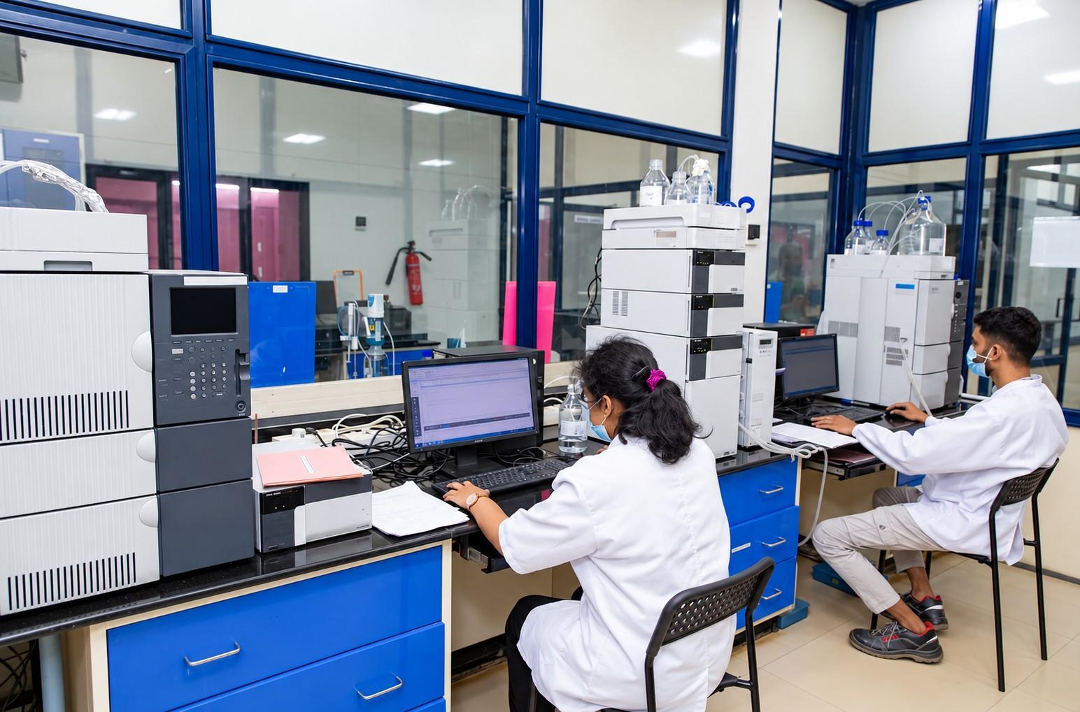 Analysts at chromatography workstations at the Tumkur Facility
