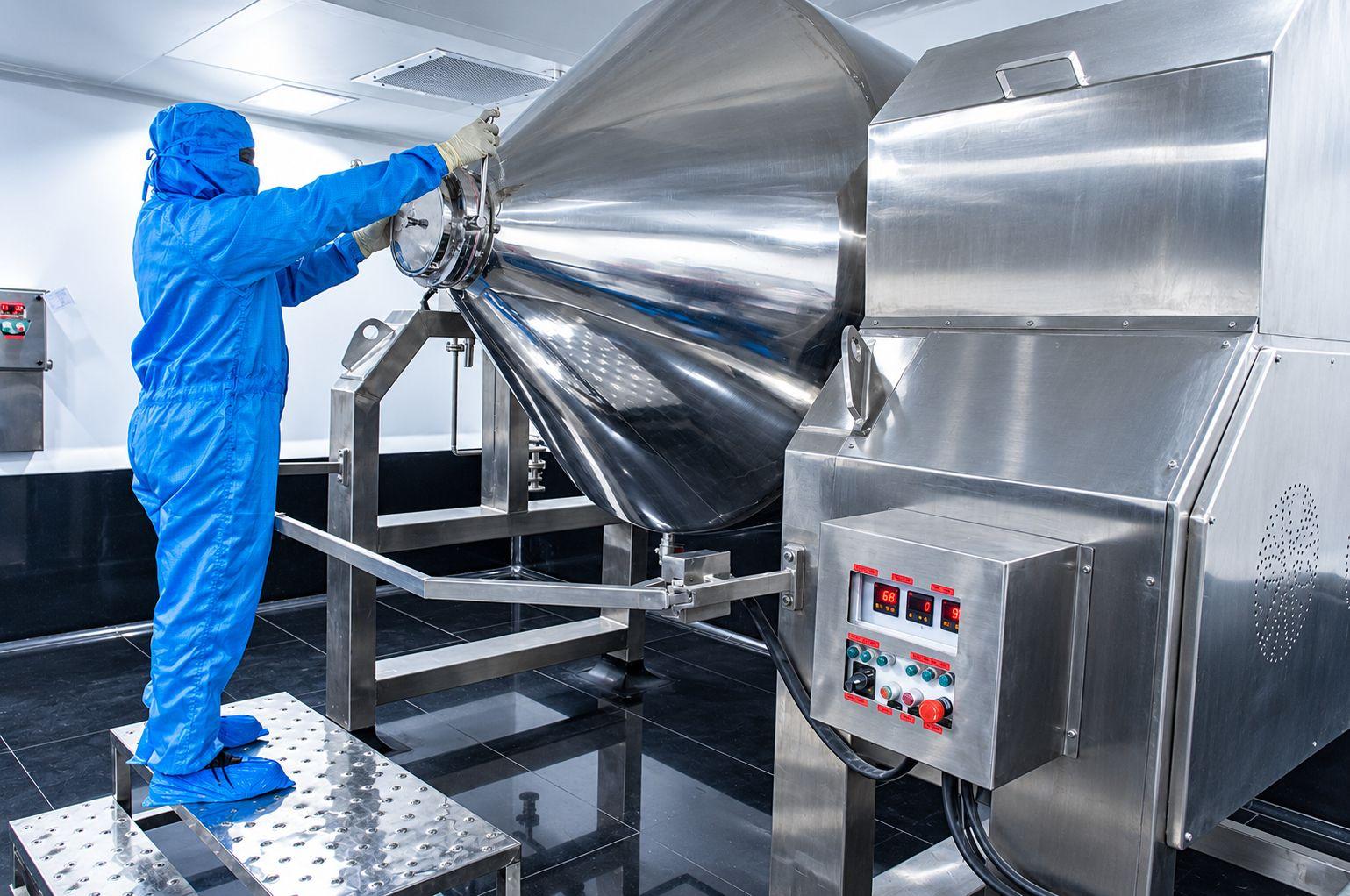 Operator at a conical dryer in a clean room at the Vizag Facility